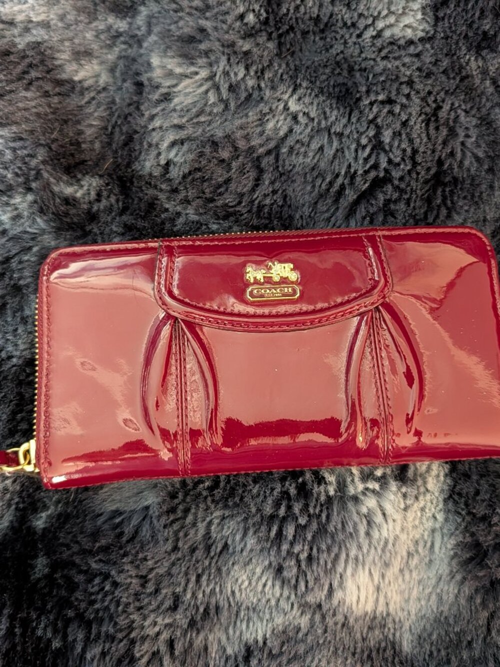 Coach Madison Pleated Patent Leather Zip-Around Wallet in Red